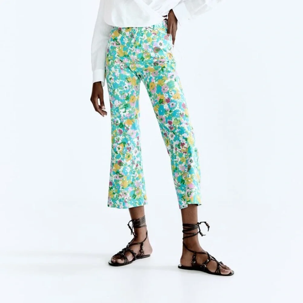 ZARA PRINTED LINEN-BLEND MINI FLARE TROUSERS